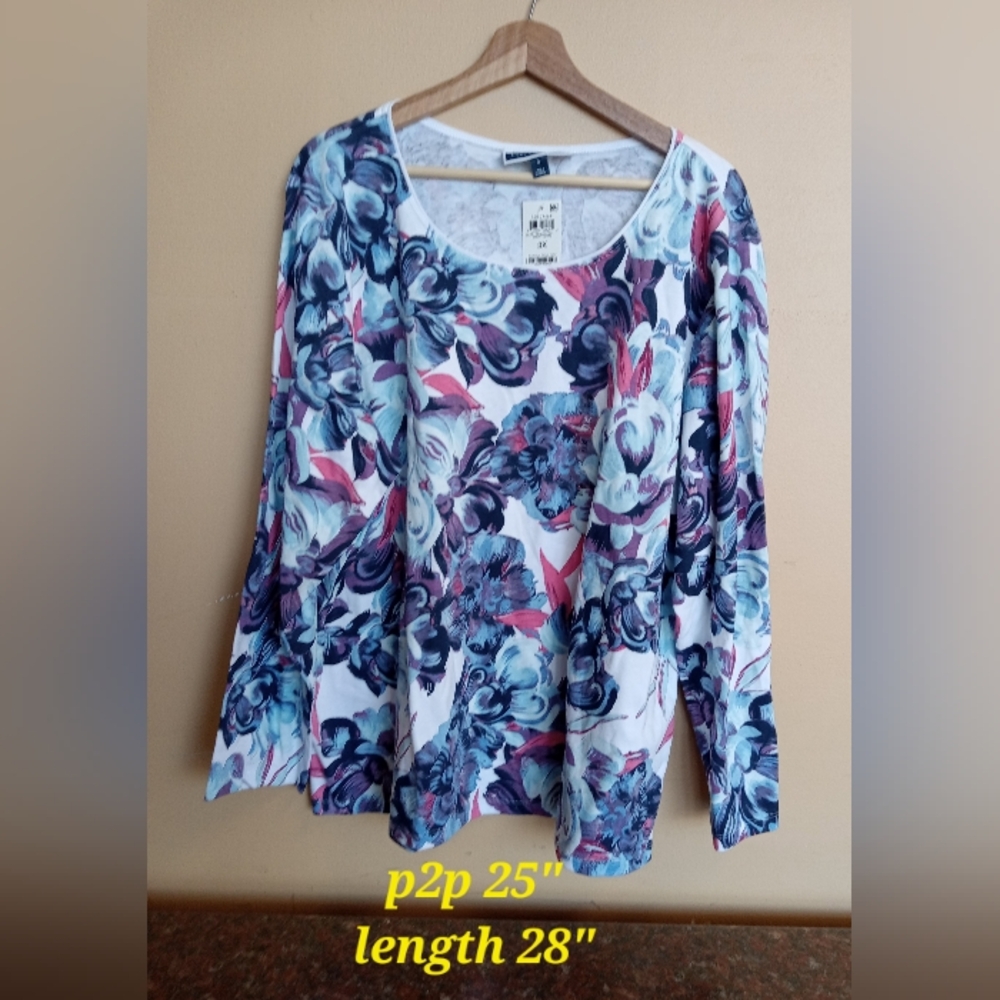Karen Scott Floral Long Sleeve Top - Blue and Pink